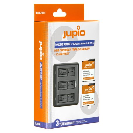 (Jupio) Jupio Value Pack: 2x akkumulátor DJI Osmo Action 3/4/5 Pro 1950mAh + kompakt USB hármas töltő Ean Kód: 8719743935310