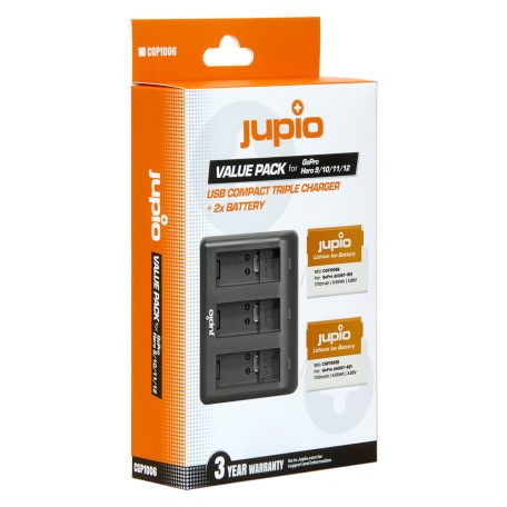 Jupio Value Pack: 2x Enduro akkumulátor GoPro HERO 9 | HŐS 10 | HŐS 11 | HERO 12 - SPBL1B/AHDBT-901 1730mAh + kompakt USB hármas töltő 