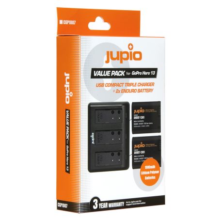(Jupio) Jupio Value Pack: 2x Enduro akkumulátor GoPro HERO 13 - AHDBT-1301 / CPSS1B 1900mAh + kompakt USB hármas töltő Ean Kód: 8719743935297